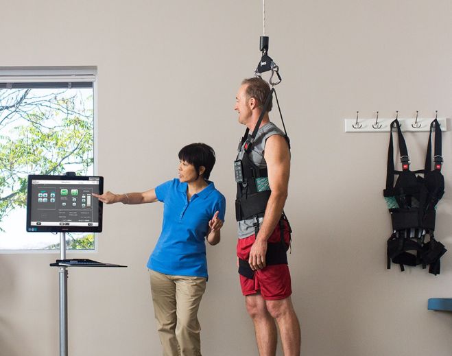 Therapy session using assisted standing equipment
